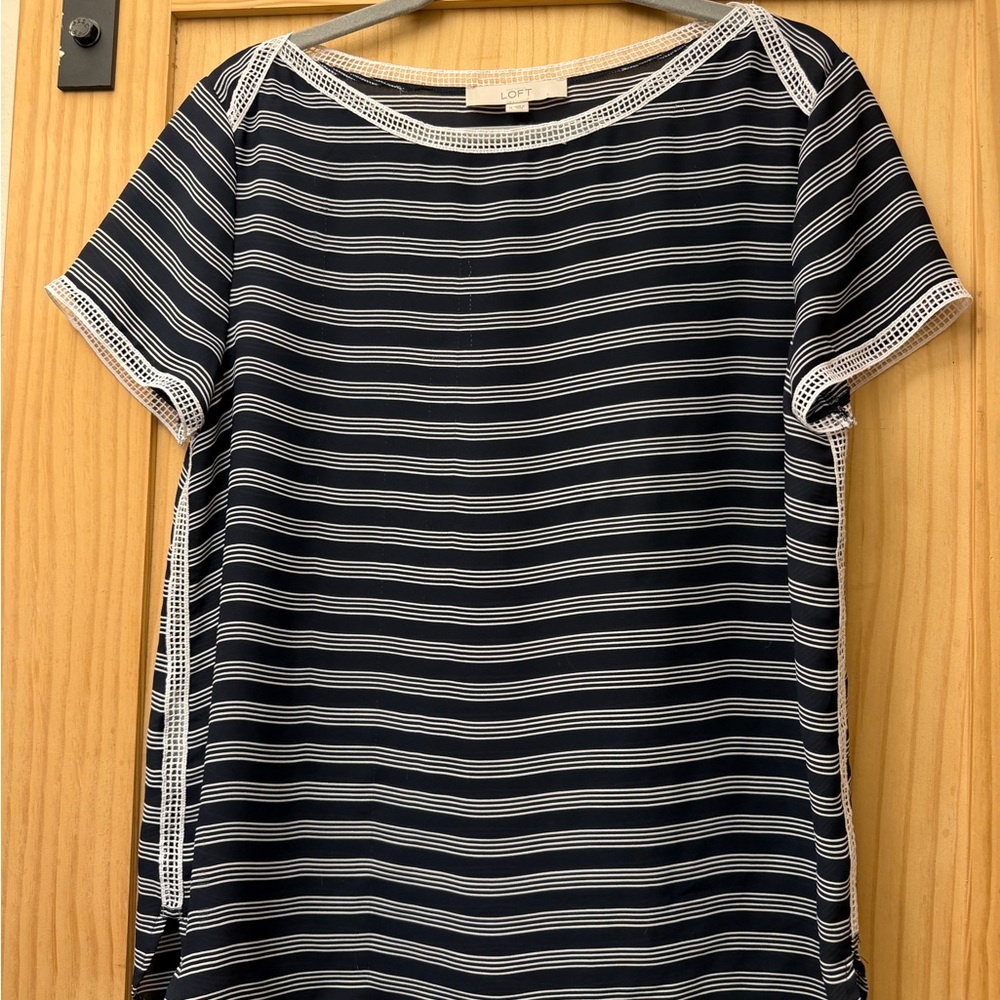 LOFT Navy & White Striped Short Sleeve Tee with Crochet Trim